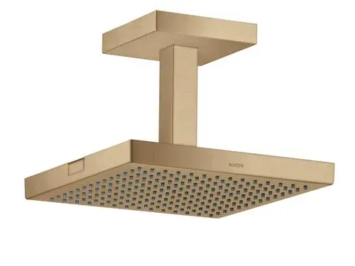 Deckenmontierte Kopfbrause mit quadratischer Fläche und gleichmäßigen Düsen. Hersteller: AXOR. Oberfläche in gebürstetem Bronze.